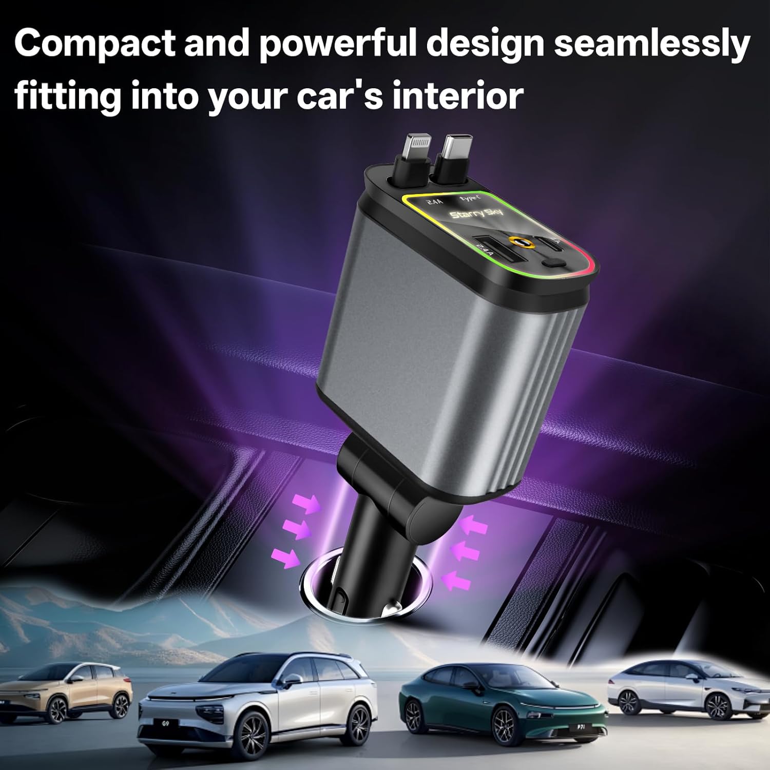 4-in-1 Retractable Car Charger 66W Fast Charging with Starry Sky Light