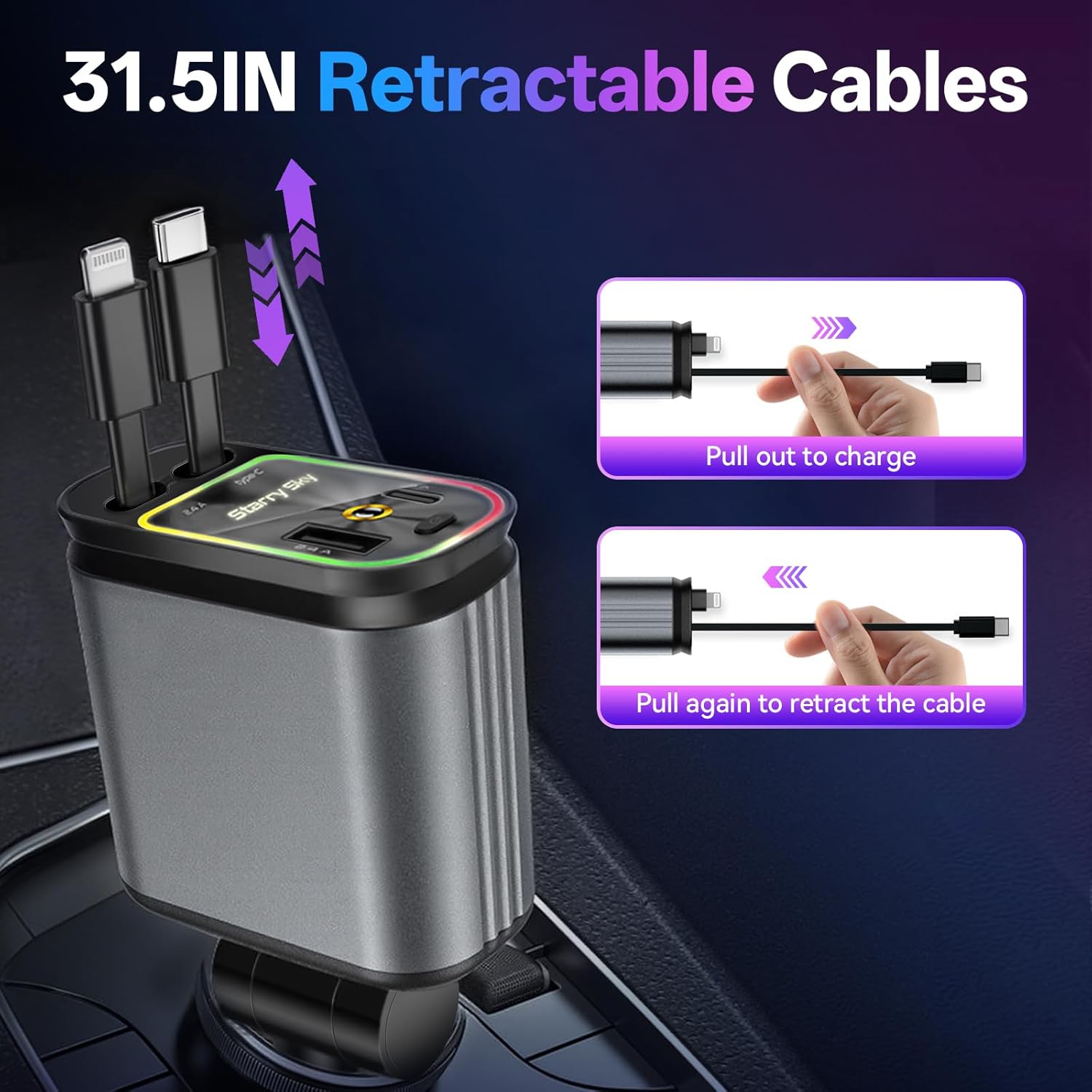 4-in-1 Retractable Car Charger 66W Fast Charging with Starry Sky Light