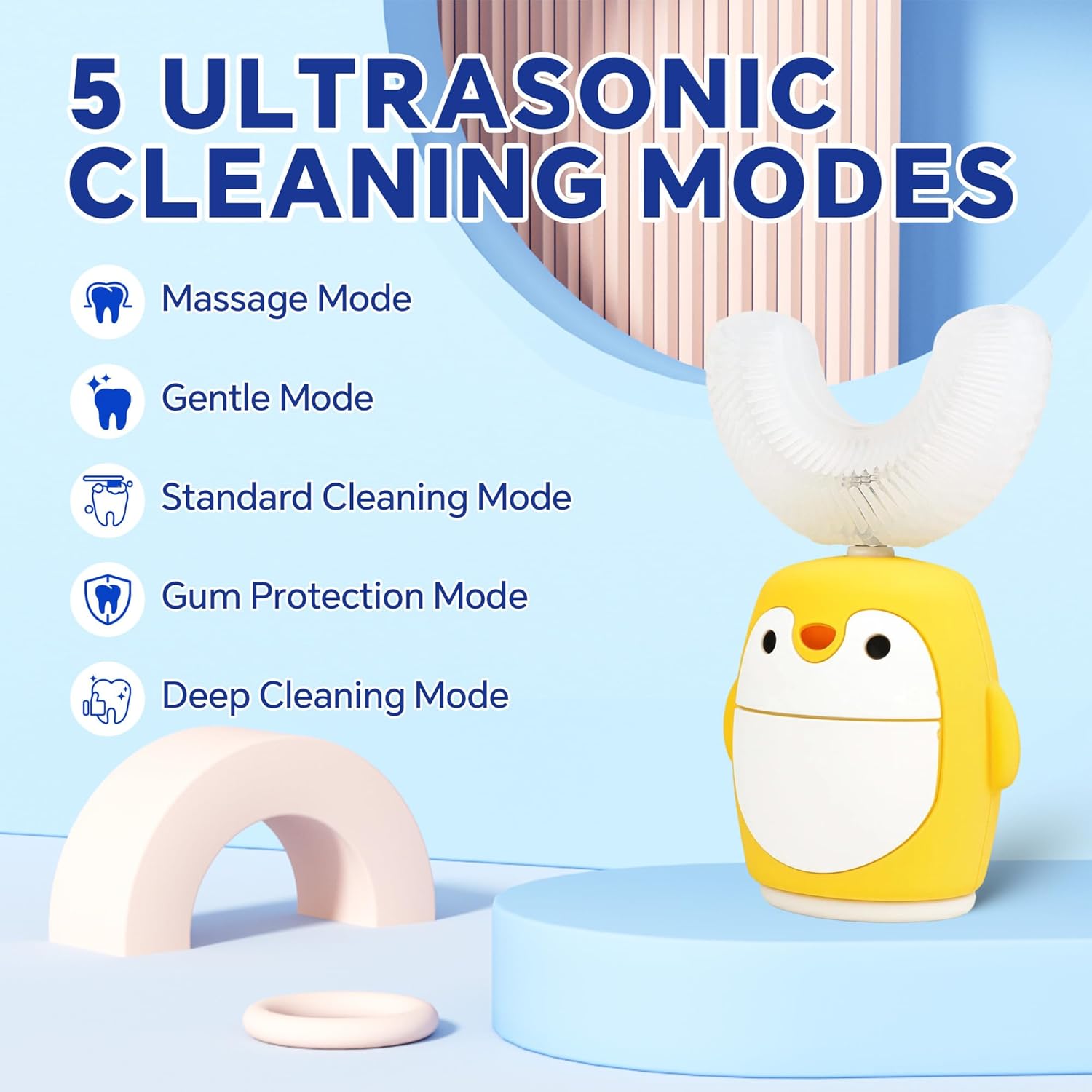 Kids Sonic Electric Toothbrush - U-Shaped 360° Toddler Toothbrush, Waterproof 5 Modes with Timer, Ages 2-7
