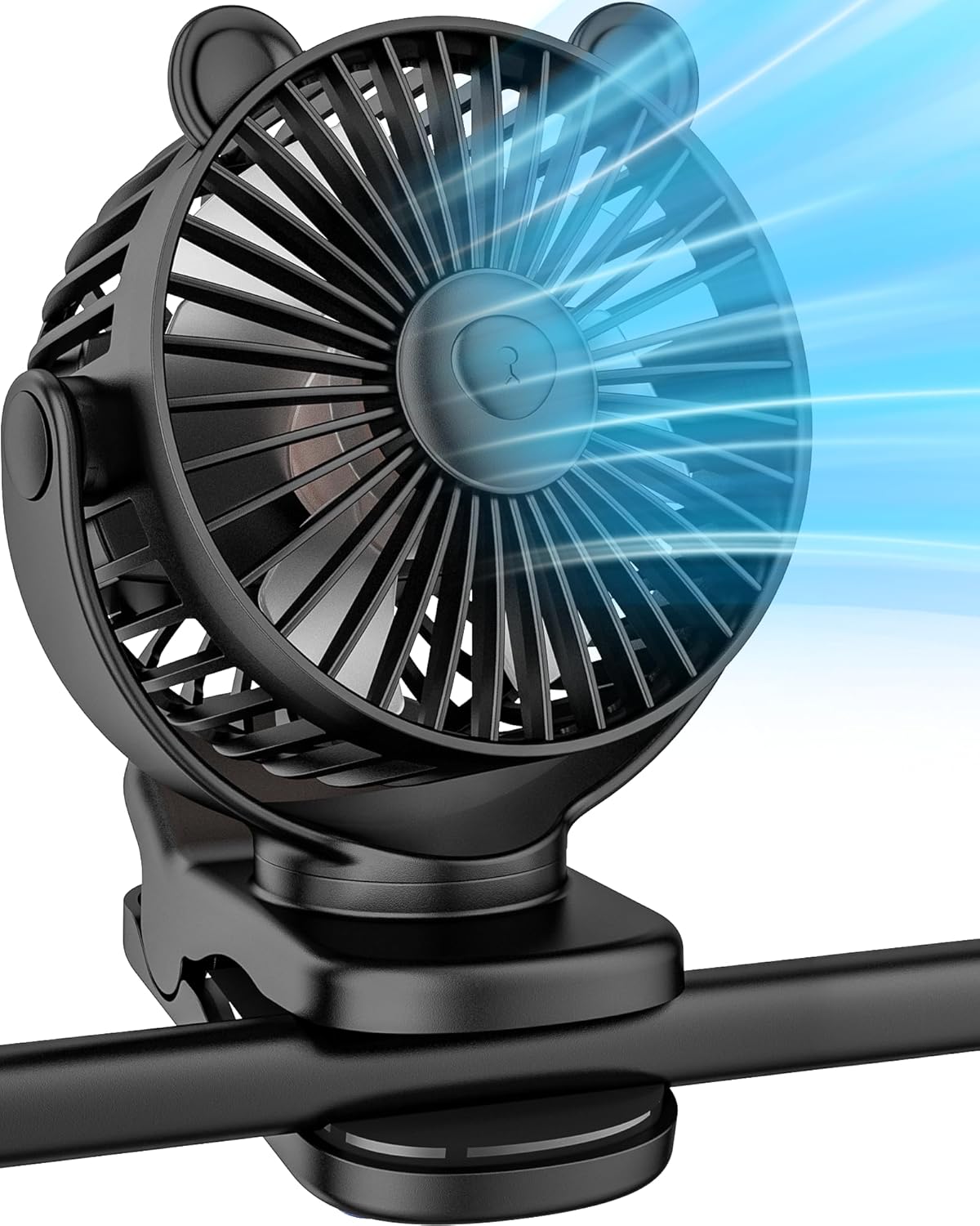 3-in-1 portable clip fan attached to desk showing 360 degree rotation for personal cooling at home or camping
