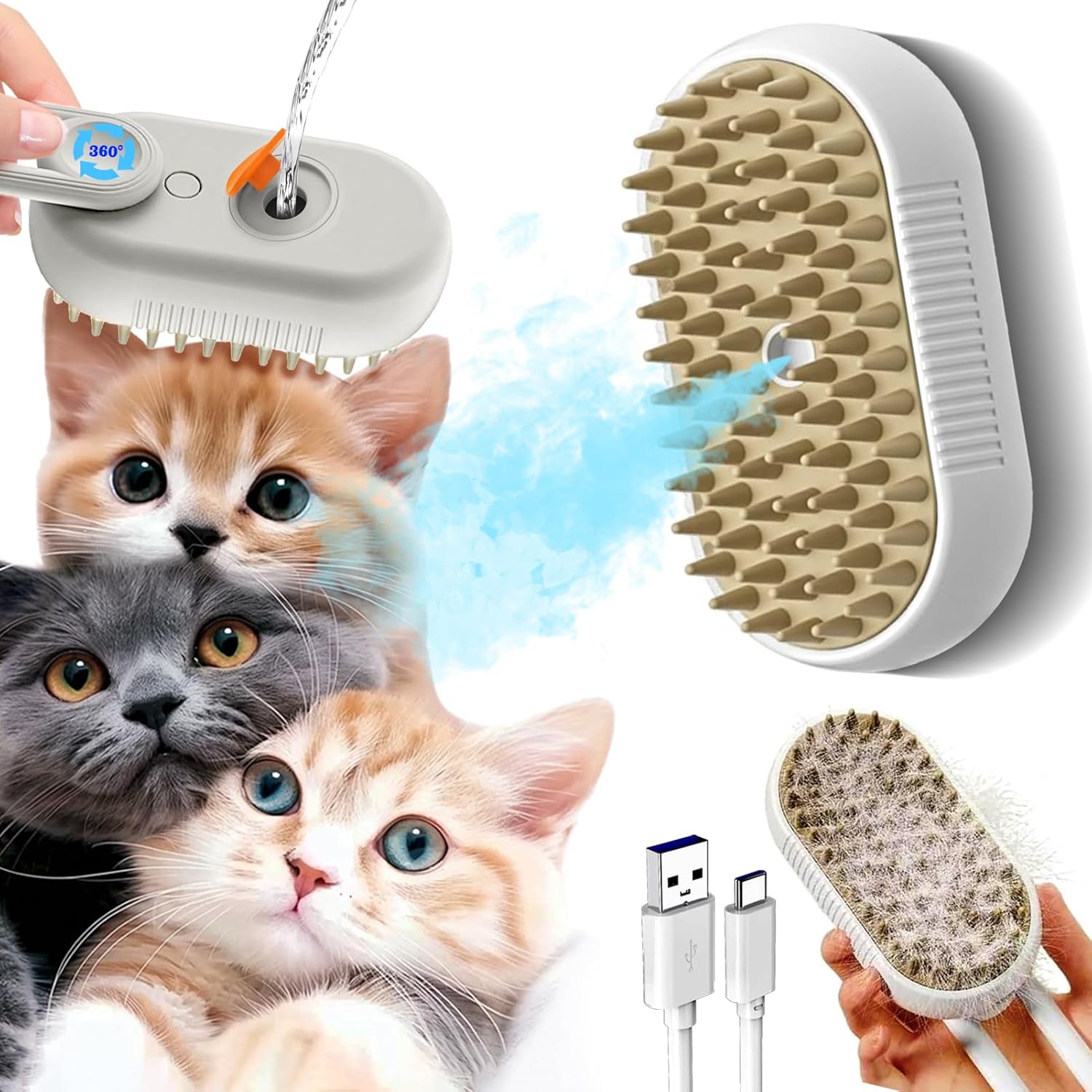 White cat steam brush set of 2, spray misting grooming deshedding comb for cats and dogs to remove loose hair
