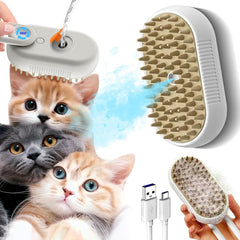 White cat steam brush set of 2, spray misting grooming deshedding comb for cats and dogs to remove loose hair
