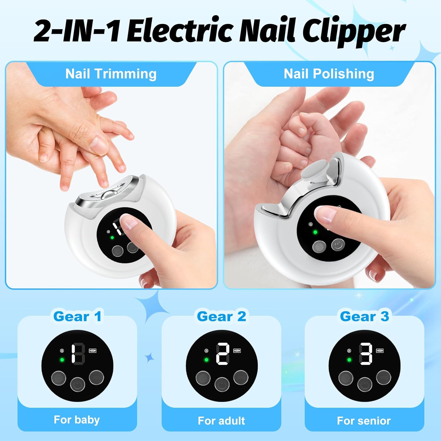 Electric Baby Nail Trimmer & Clipper 2-in-1 - Automatic Nail File with LED Light, 3 Speeds for Baby & Adult