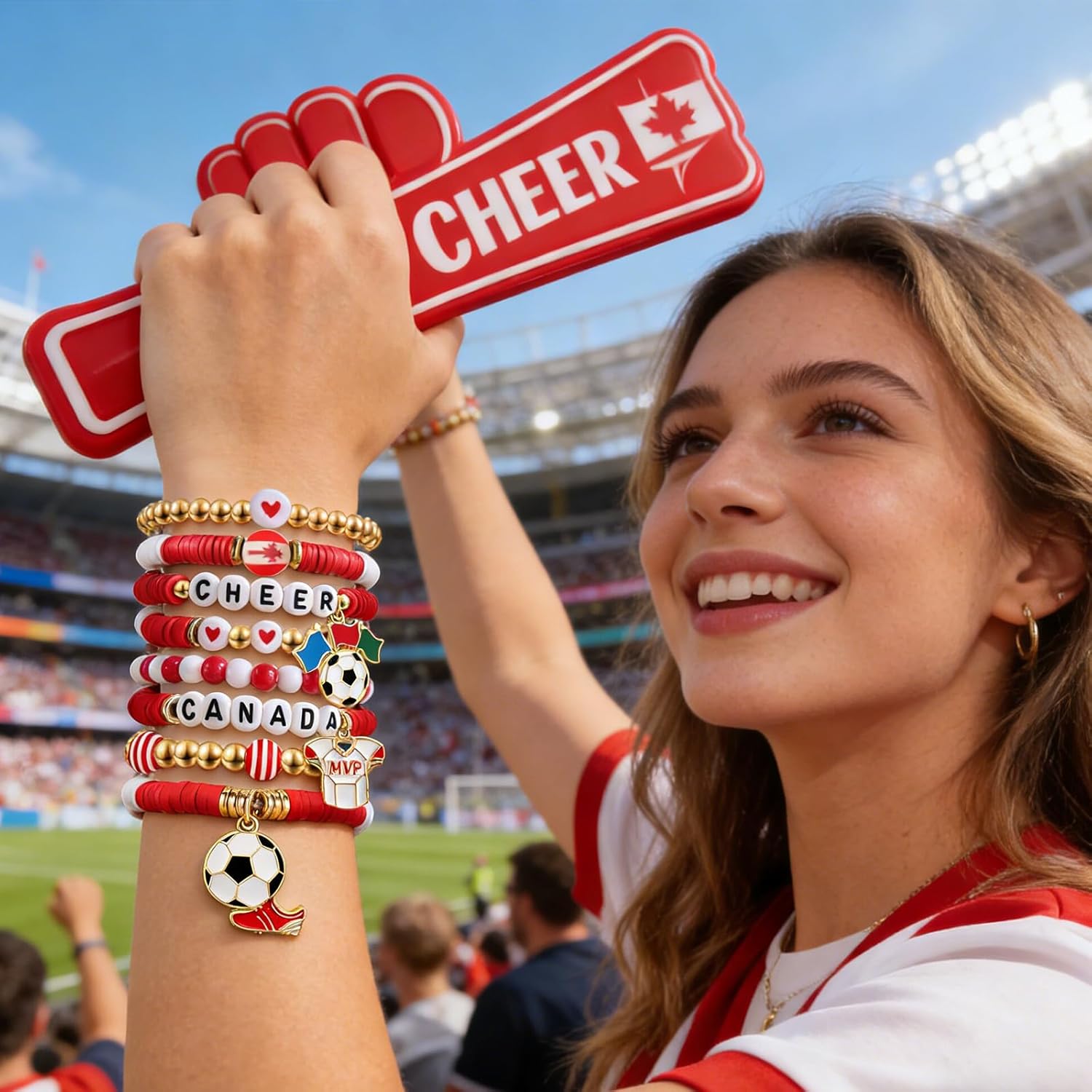 2026 Canada Soccer Bracelet Set – 8 Piece Stackable Beaded Bracelets with Football Charms, Canadian Flag Colors & Fan Accents | World Cup Canada Fan Gift