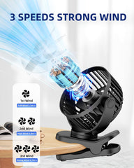 3-in-1 Portable Clip Fan – Rechargeable 2000mAh Desk & Hanging Fan with 360° Rotation | 8H Runtime 3 Speed Settings