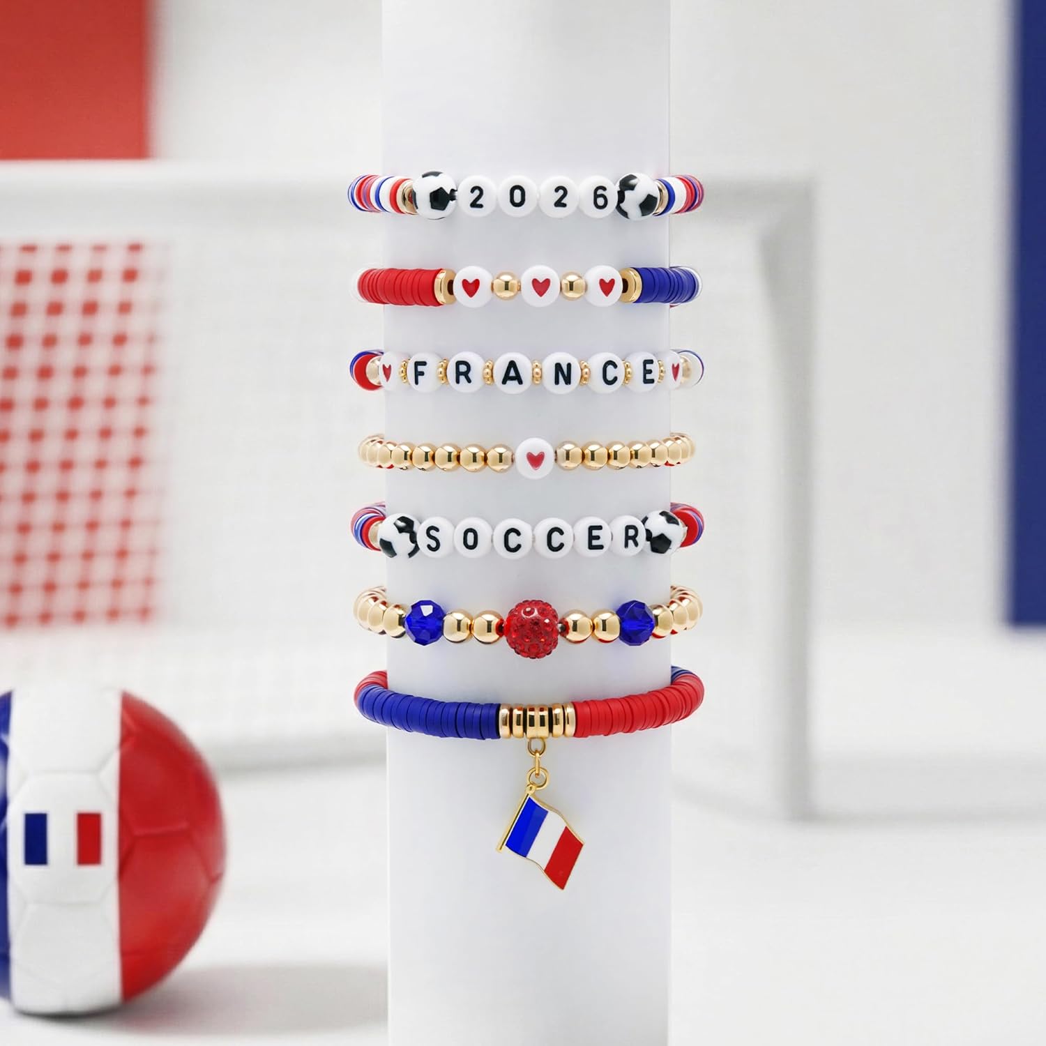 2026 France Soccer Bracelet Set – 8 Piece Stackable Beaded Bracelets with Football Charms, French Flag Colors & Fan Accents | World Cup France Fan Gift