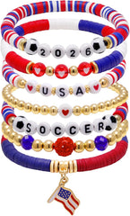 2026 USA Soccer Bracelet Set – 8 Piece Stackable Beaded Bracelets with Football Charms, American Flag Colors & Fan Accents | World Cup USA Fan Gift