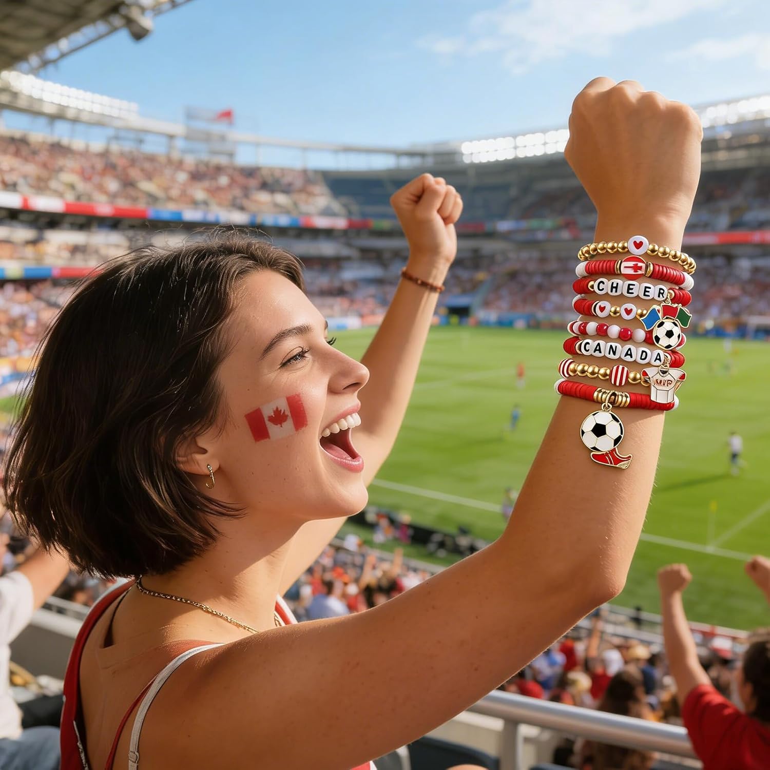 2026 Canada Soccer Bracelet Set – 8 Piece Stackable Beaded Bracelets with Football Charms, Canadian Flag Colors & Fan Accents | World Cup Canada Fan Gift