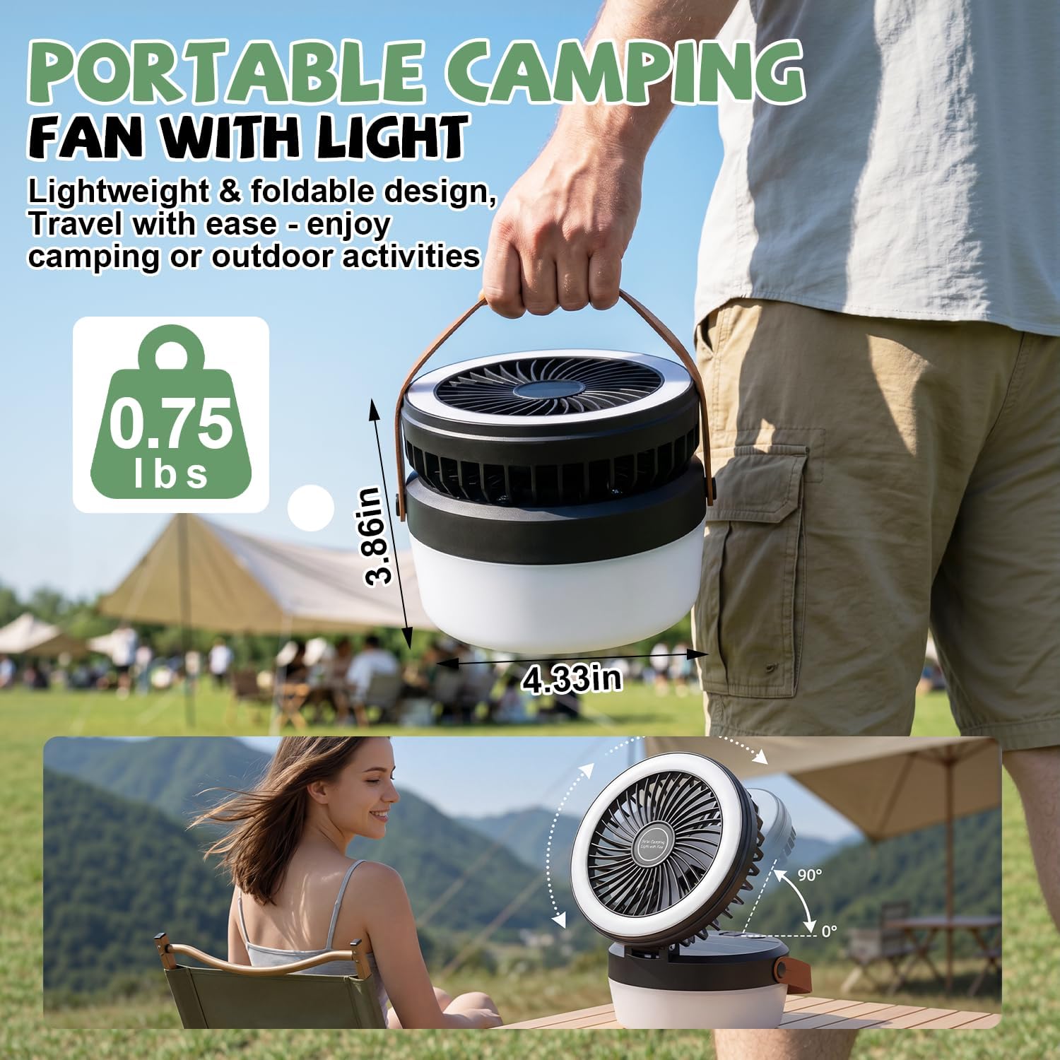 Solar Camping Fan with LED Light - Rechargeable Portable Fan & Power Bank for Tent, RV & Outdoor
