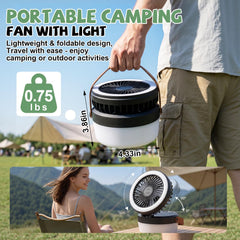 Solar Camping Fan with LED Light - Rechargeable Portable Fan & Power Bank for Tent, RV & Outdoor