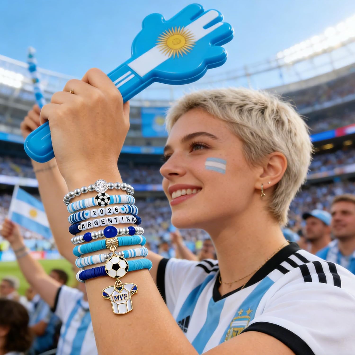 2026 Argentina Soccer Bracelet Set – 8 Piece Stackable Beaded Bracelets with Football Charms, Argentine Flag Colors & Fan Accents | World Cup Argentina Fan Gift