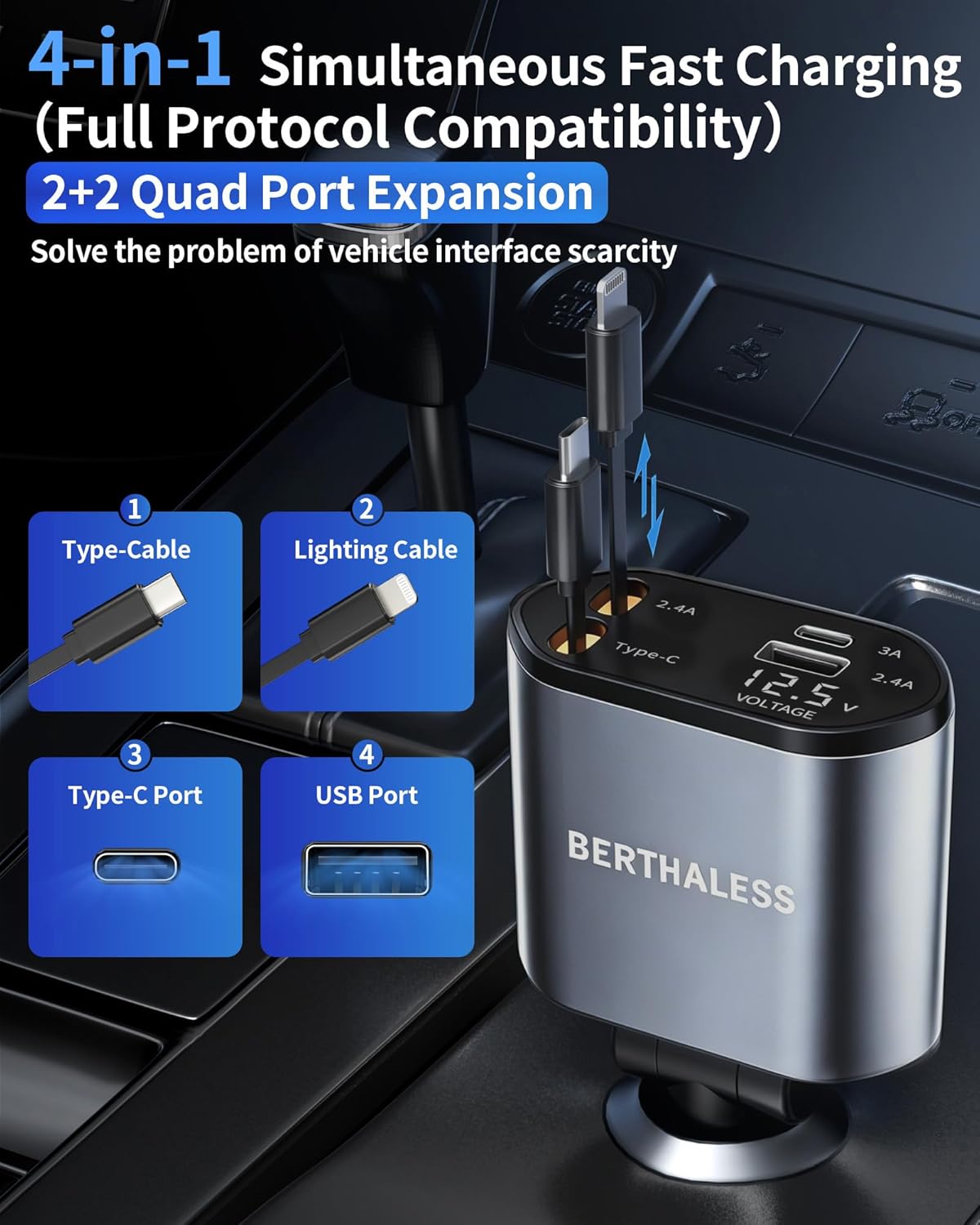 4-in-1 Retractable Car Charger 4.8A Fast Charging with Safety Protection