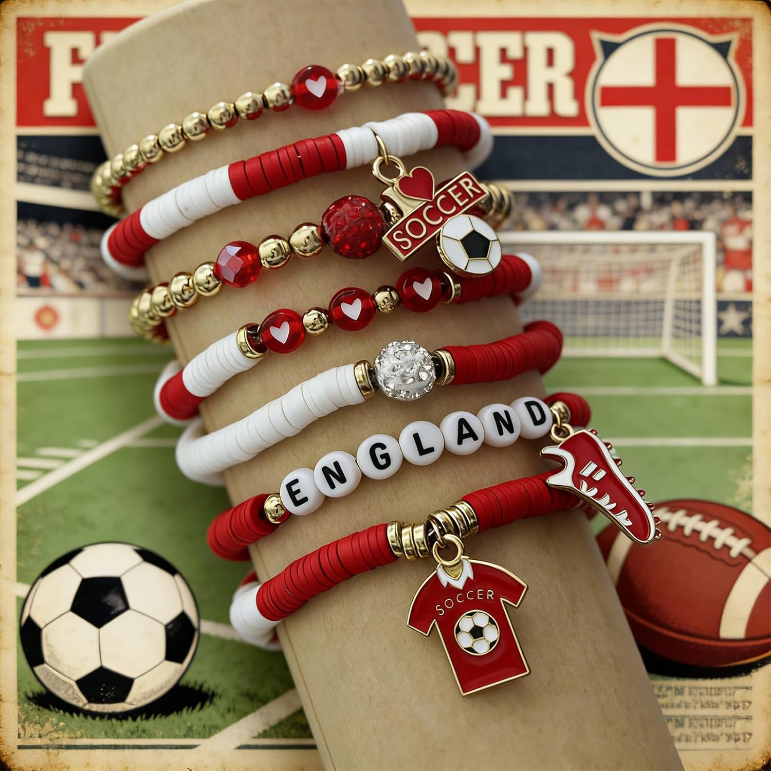 2026 England Soccer Bracelet Set – 8 Piece Stackable Beaded Bracelets with Football Charms, English Flag Colors & Fan Accents | World Cup England Fan Gift