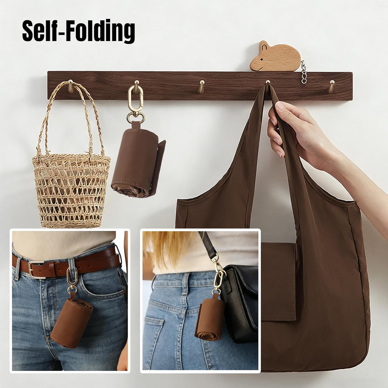 Mini Keychain Tote Bag - Foldable Vegan Leather Shopping Bag with Gold Accents for Daily Carry & Travel