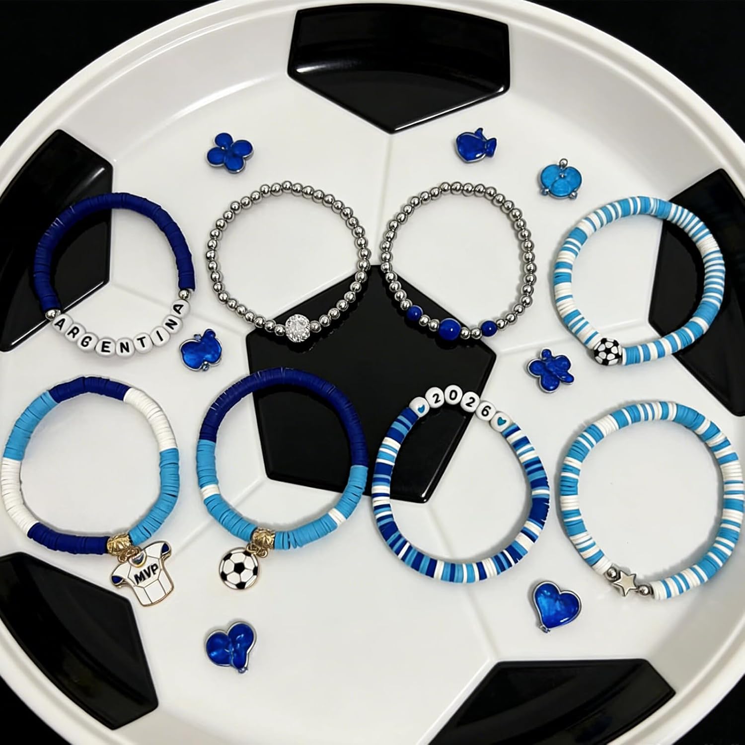 2026 Argentina Soccer Bracelet Set – 8 Piece Stackable Beaded Bracelets with Football Charms, Argentine Flag Colors & Fan Accents | World Cup Argentina Fan Gift