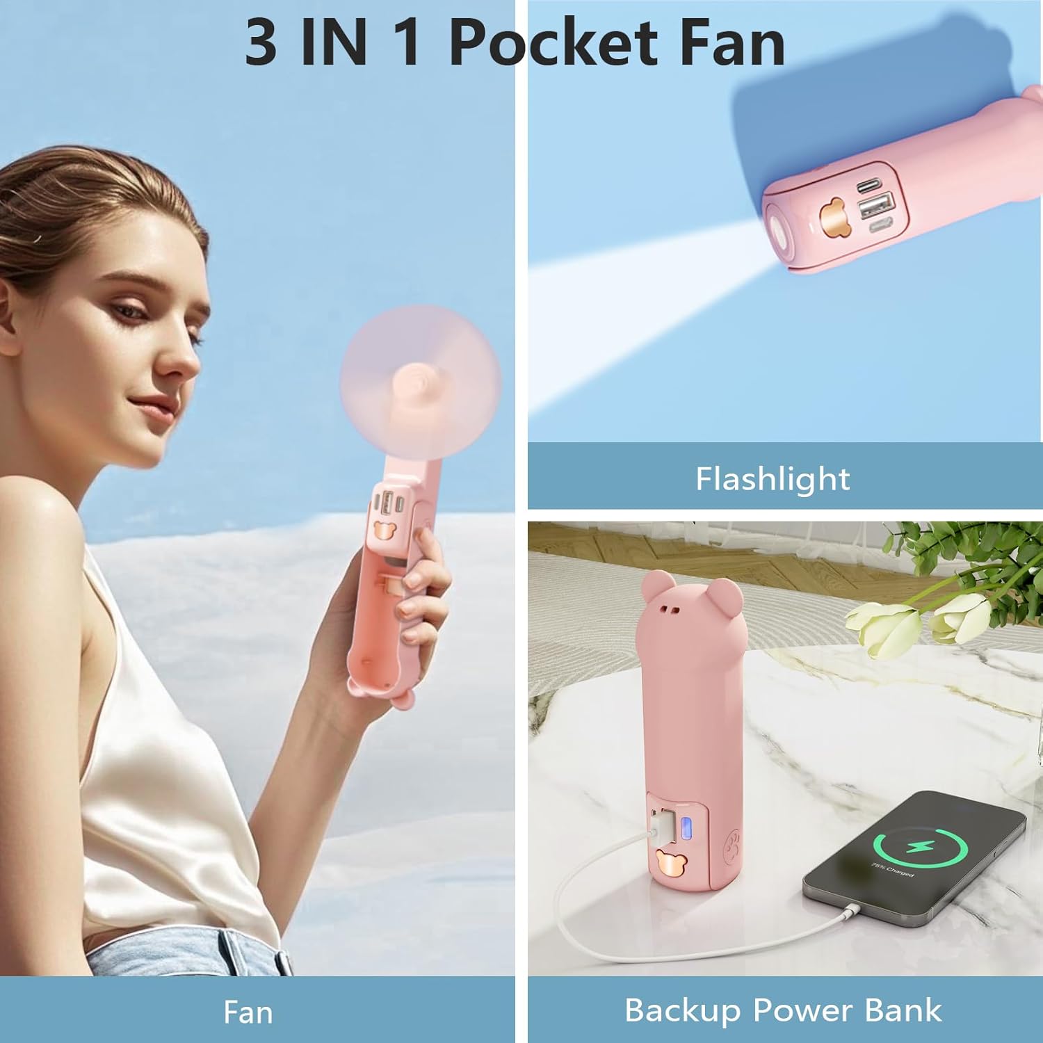 Portable Mini Fan with 26H Battery – 3-in-1 Handheld Fan, Power Bank & Flashlight | USB-C Fast Charging