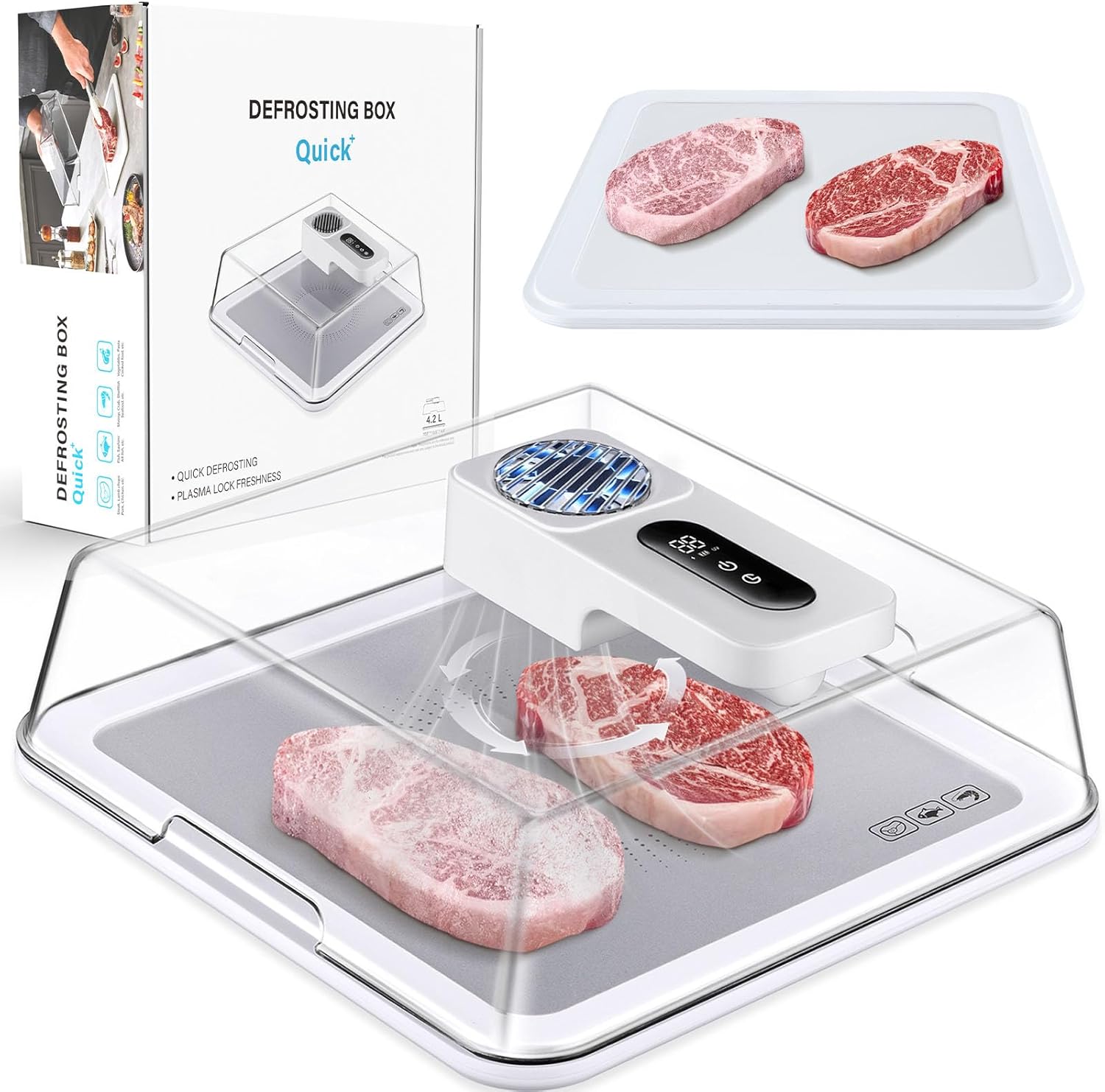 White rapid defrosting tray thawing frozen meat fast using airflow technology without water