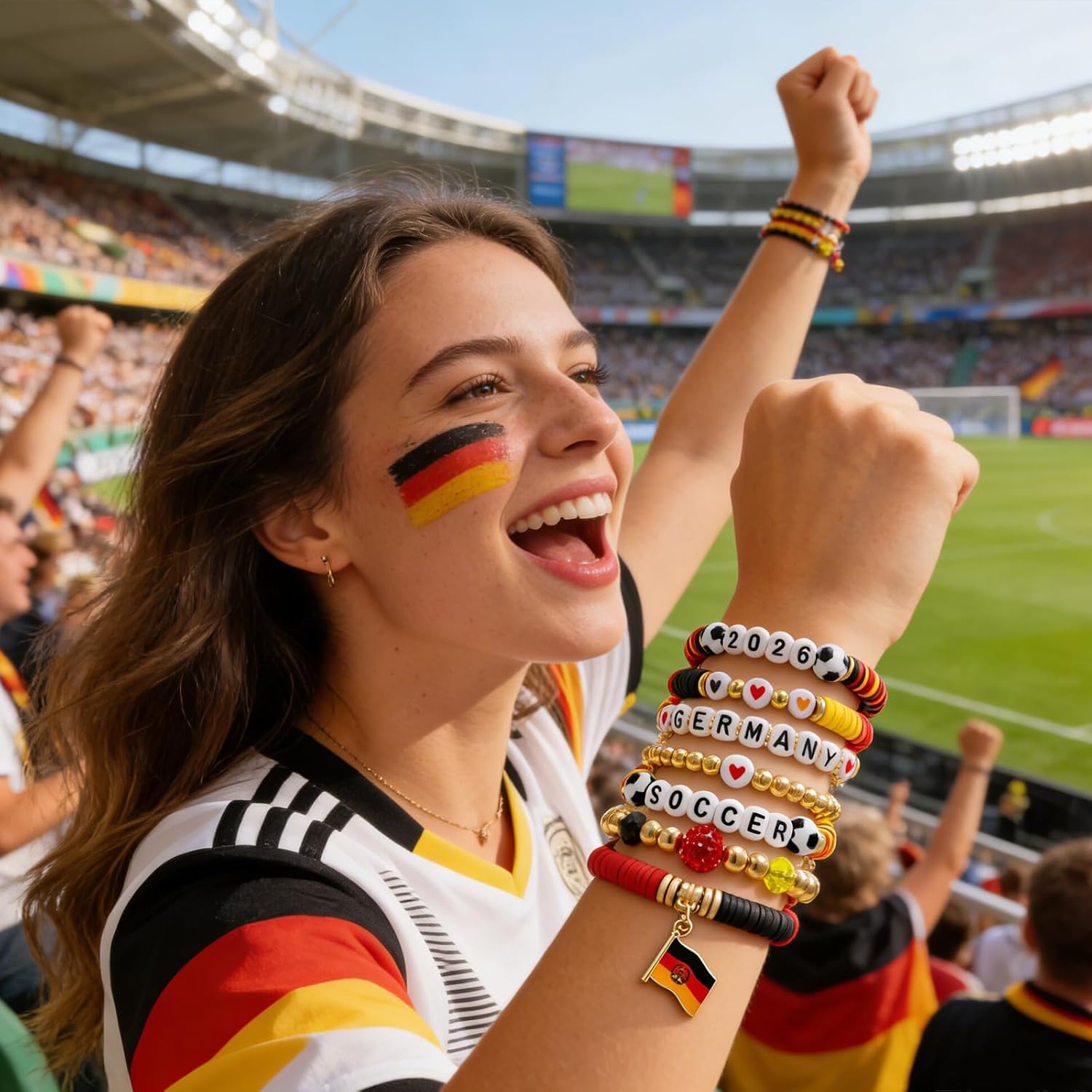 2026 Germany Soccer Bracelet Set – 8 Piece Stackable Beaded Bracelets with Football Charms, German Flag Colors & Fan Accents | World Cup Germany Fan Gift