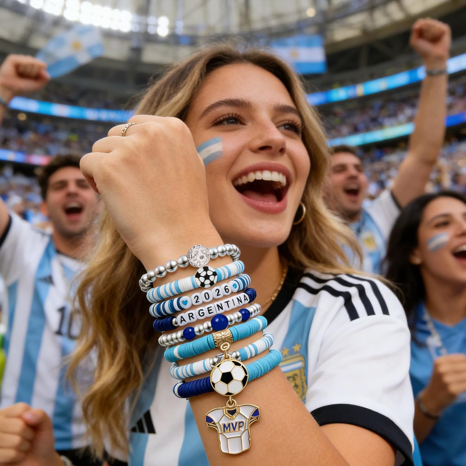 2026 Argentina Soccer Bracelet Set – 8 Piece Stackable Beaded Bracelets with Football Charms, Argentine Flag Colors & Fan Accents | World Cup Argentina Fan Gift