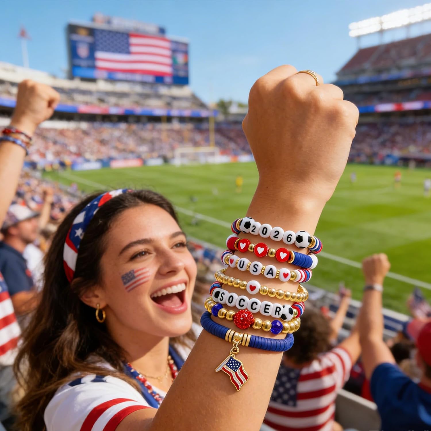 2026 USA Soccer Bracelet Set – 8 Piece Stackable Beaded Bracelets with Football Charms, American Flag Colors & Fan Accents | World Cup USA Fan Gift