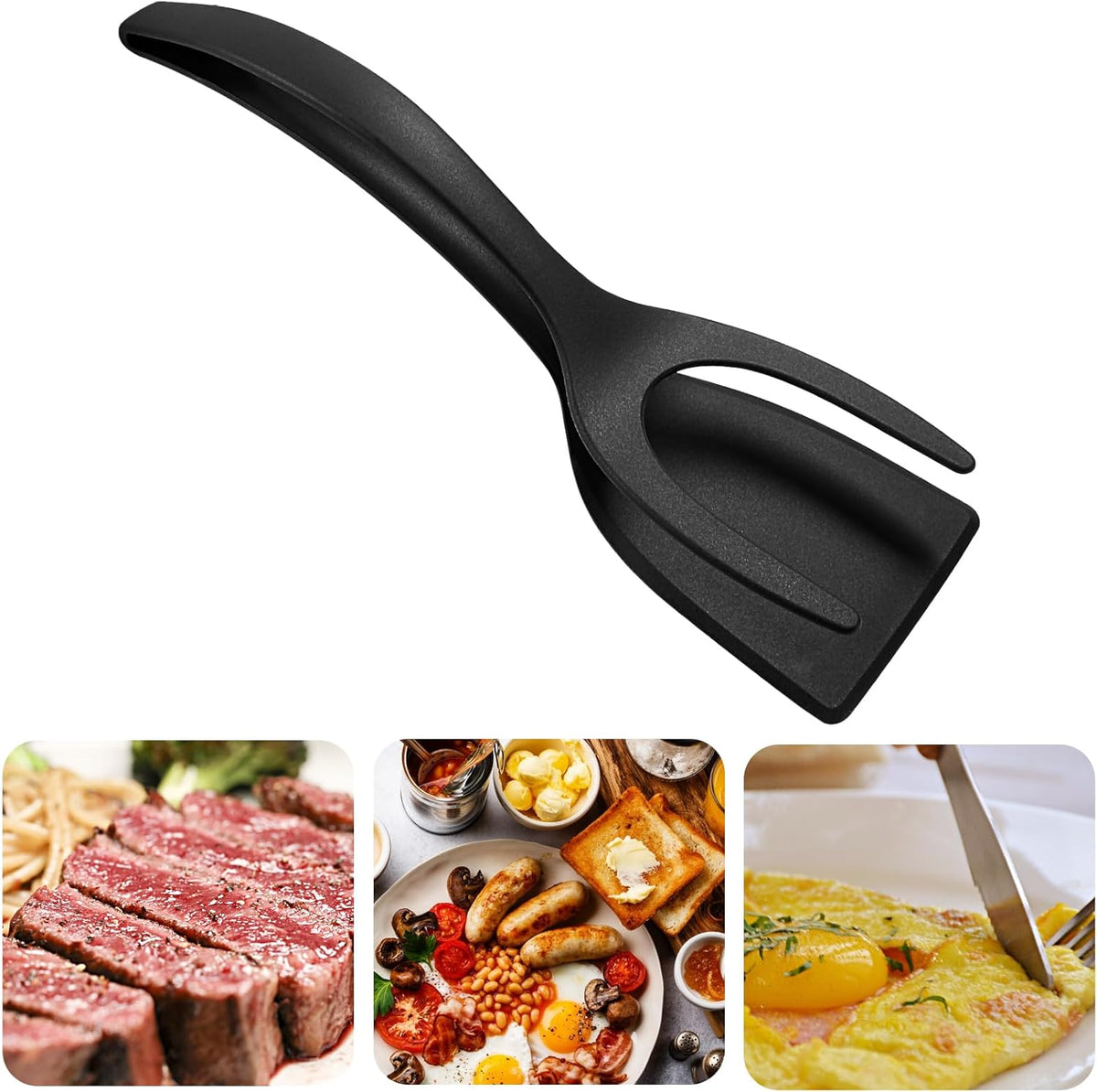 2-in-1 flip spatula tong with silicone handle flipping pancake on non-stick pan
