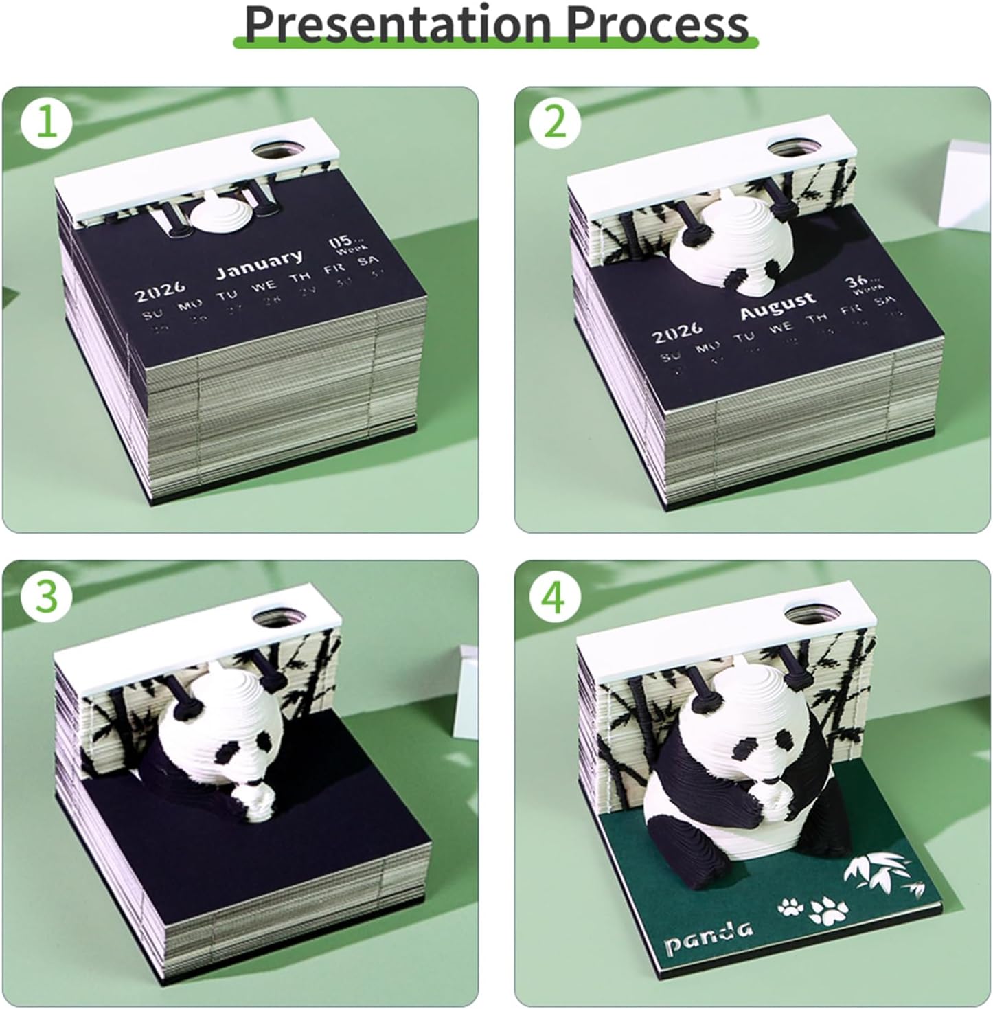 2026 3D Panda Desk Calendar with LED Light - Paper Carving Sticky Note Memo Pad, Creative Desktop Gift