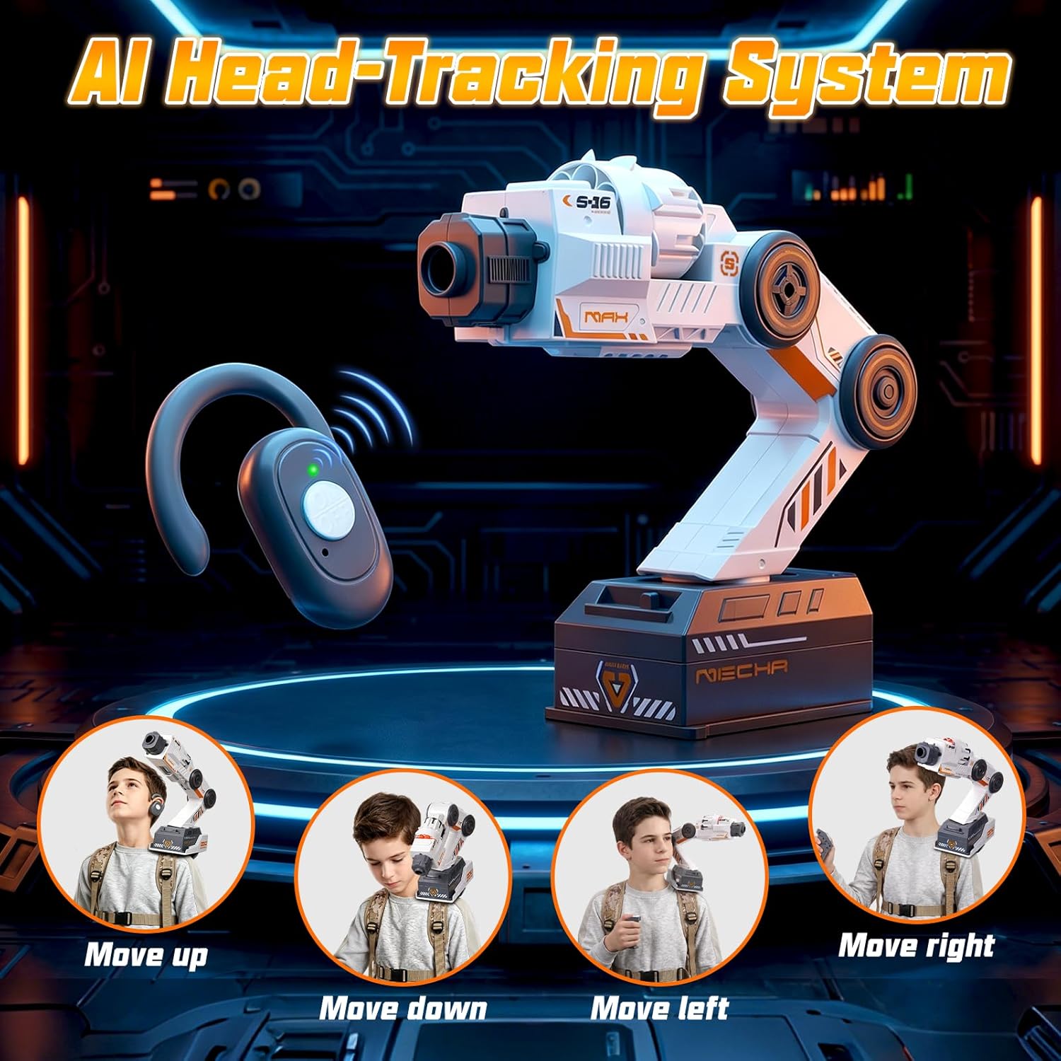 Motion tracking robot arm foam blaster with headset and tactical vest, Look-to-Aim STEM toy for kids
