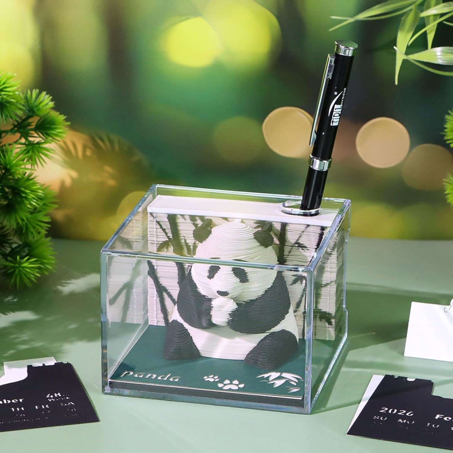 2026 3D Panda Desk Calendar with LED Light - Paper Carving Sticky Note Memo Pad, Creative Desktop Gift