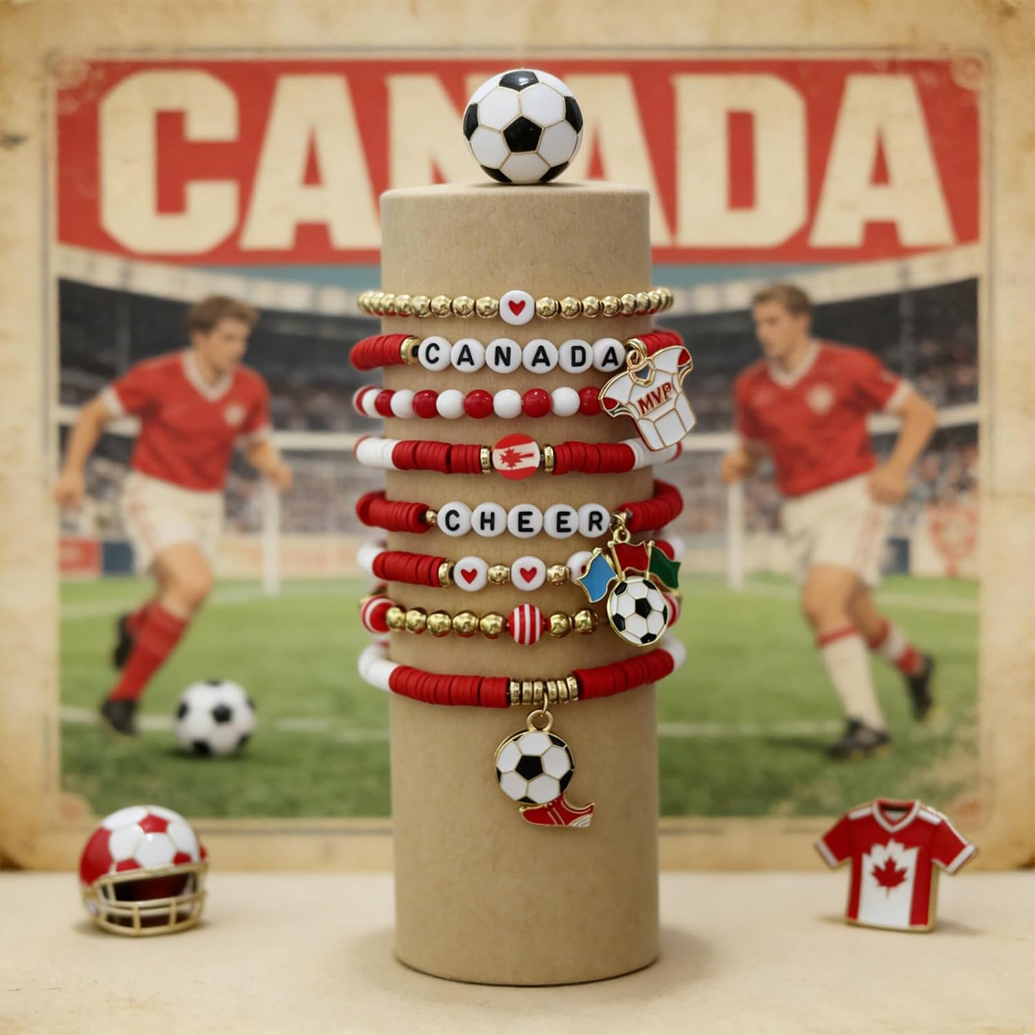 2026 Canada Soccer Bracelet Set – 8 Piece Stackable Beaded Bracelets with Football Charms, Canadian Flag Colors & Fan Accents | World Cup Canada Fan Gift
