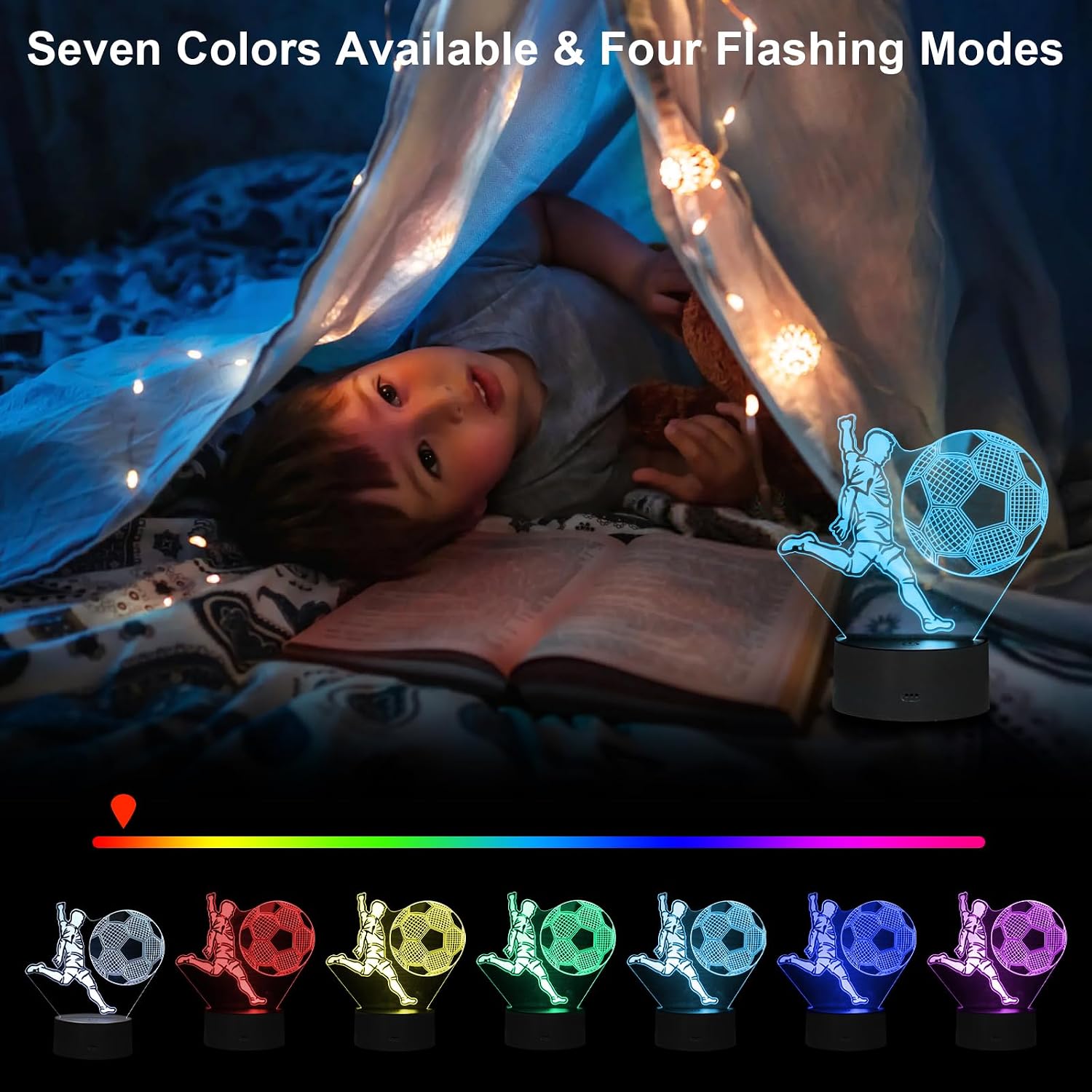 3D Soccer Night Light – Remote Control LED Lamp, 7 Colors, USB-C & Battery Powered
