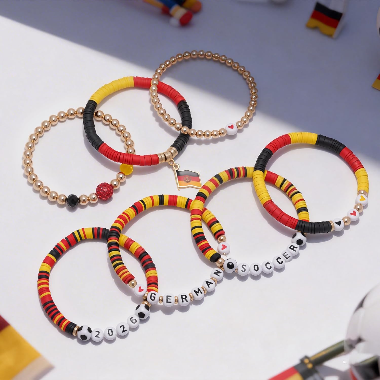2026 Germany Soccer Bracelet Set – 8 Piece Stackable Beaded Bracelets with Football Charms, German Flag Colors & Fan Accents | World Cup Germany Fan Gift