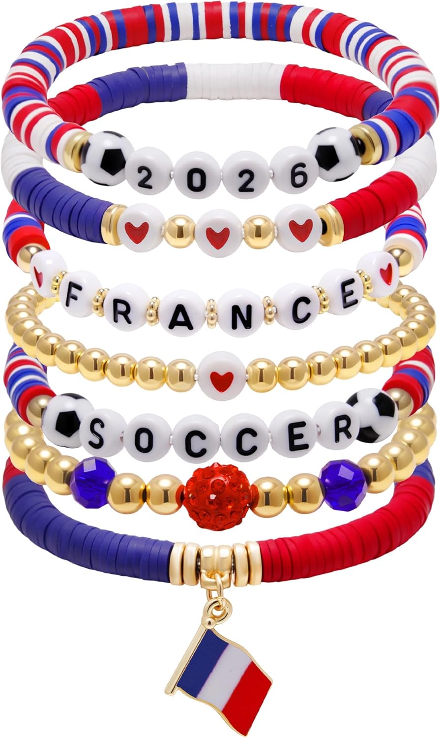 2026 France Soccer Bracelet Set – 8 Piece Stackable Beaded Bracelets with Football Charms, French Flag Colors & Fan Accents | World Cup France Fan Gift