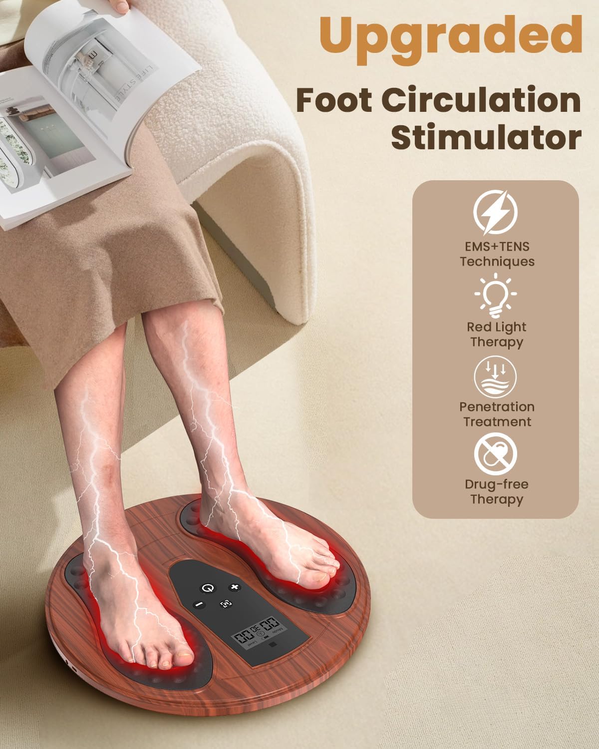 Rechargeable Foot Massager for Neuropathy - EMS & TENS Stimulator with 660-850nm Red Light Therapy for Pain & Plantar Fasciitis