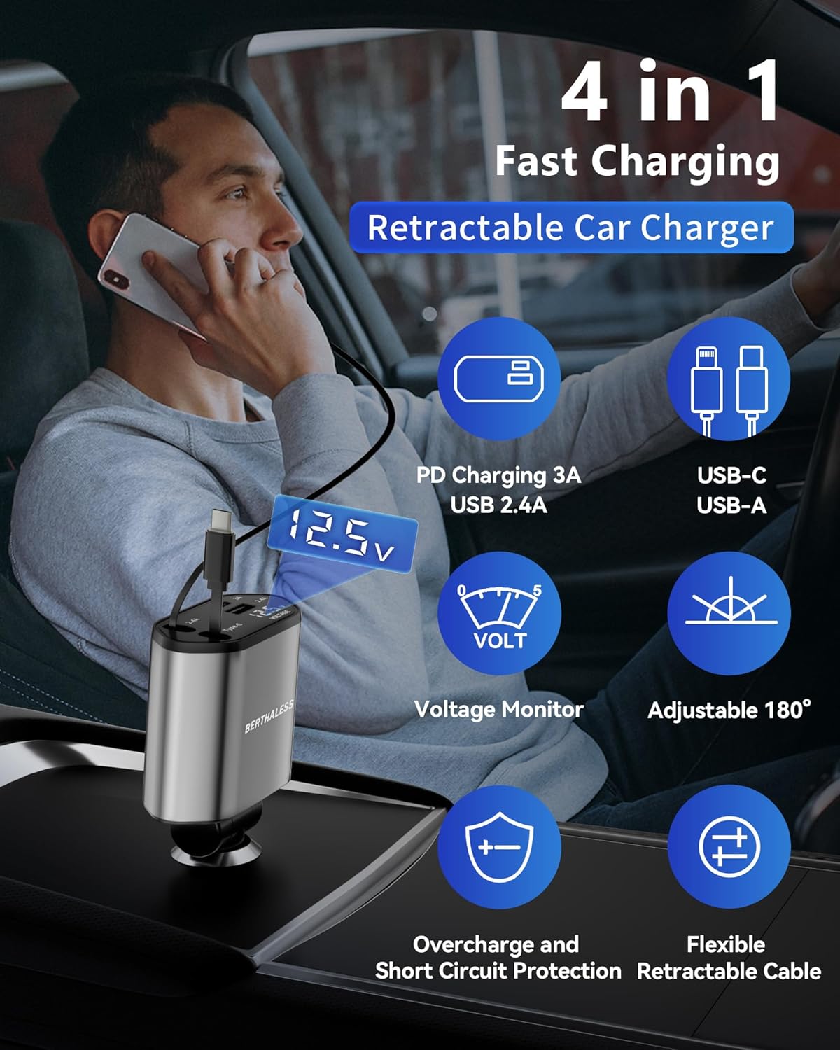 4-in-1 Retractable Car Charger 4.8A Fast Charging with Safety Protection