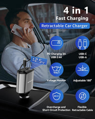 4-in-1 Retractable Car Charger 4.8A Fast Charging with Safety Protection