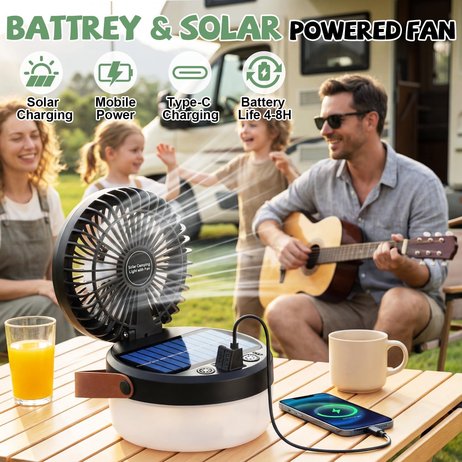 Solar Camping Fan with LED Light - Rechargeable Portable Fan & Power Bank for Tent, RV & Outdoor