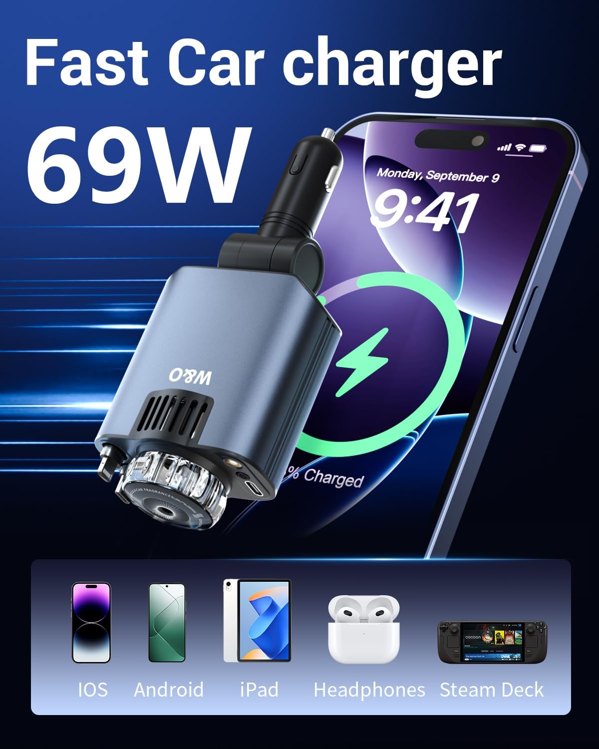 5-in-1 Retractable Car Charger 69W Fast Charging with Starlight & Aromatherapy