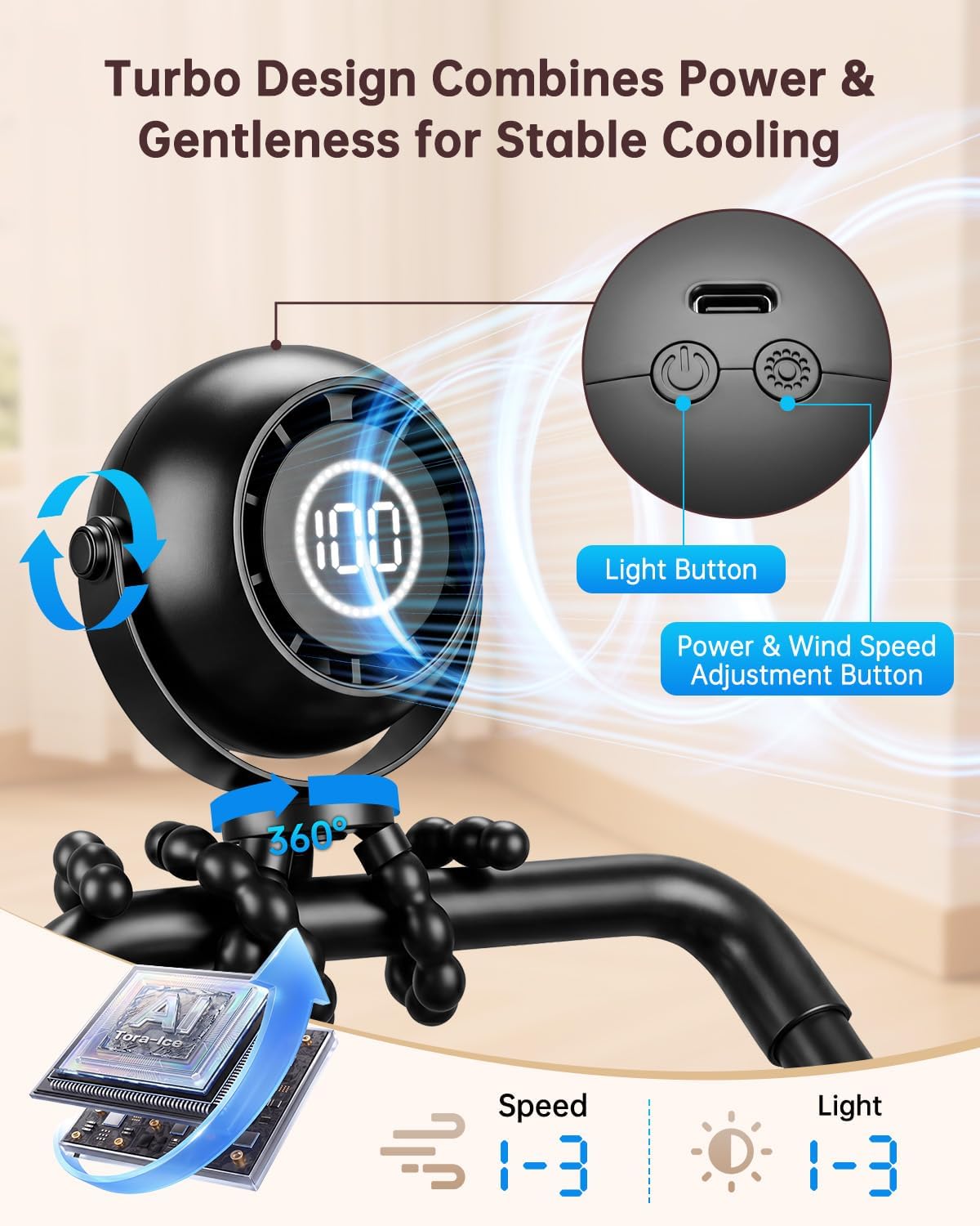 Bladeless Baby Stroller Fan — Clip-On Portable Fan with Night Light & 18H Battery