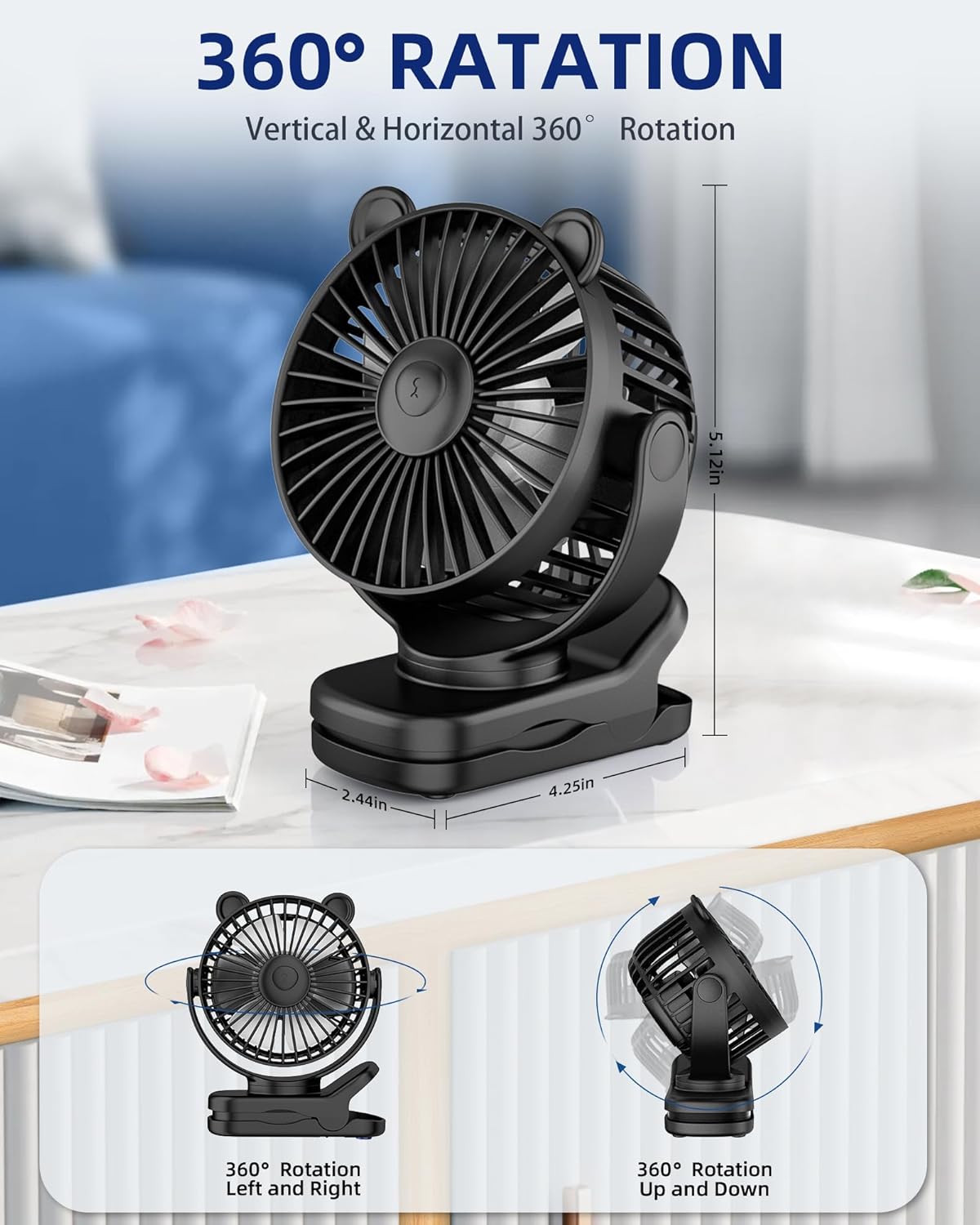 3-in-1 Portable Clip Fan – Rechargeable 2000mAh Desk & Hanging Fan with 360° Rotation | 8H Runtime 3 Speed Settings
