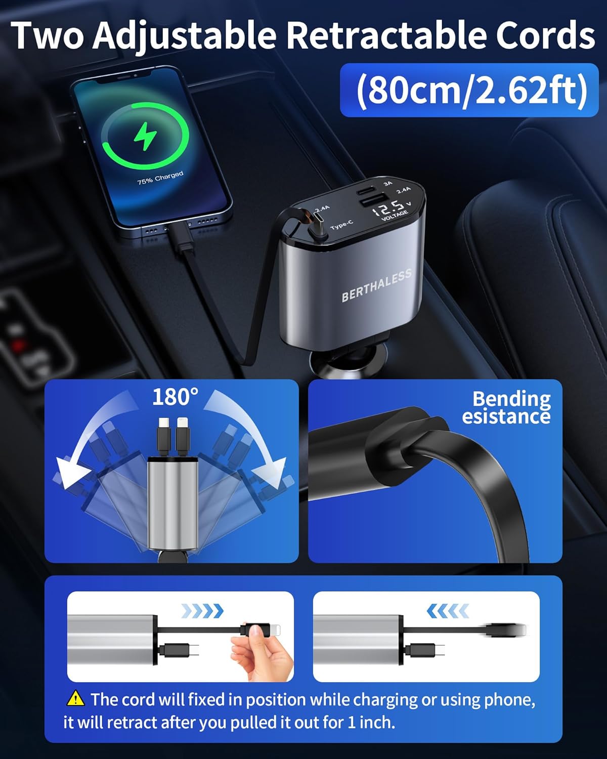 4-in-1 Retractable Car Charger 4.8A Fast Charging with Safety Protection