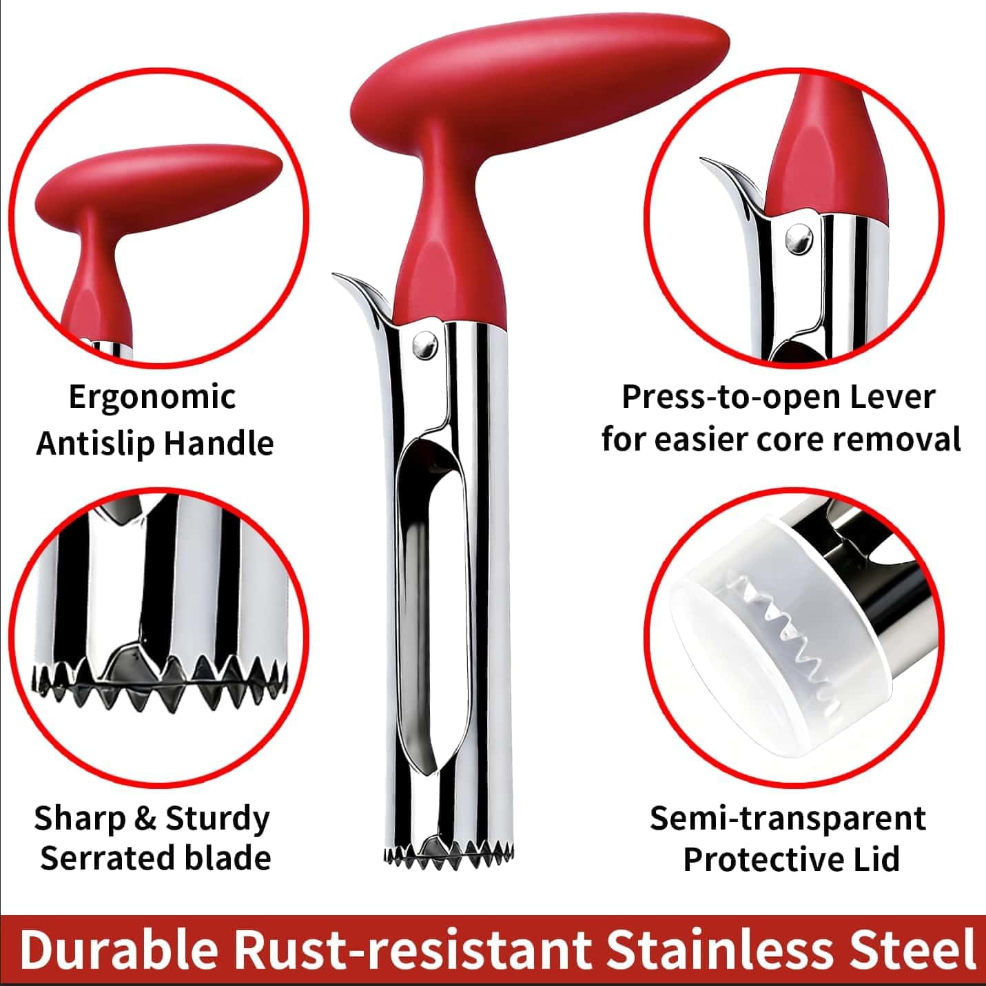 Apple Corer – Stainless Steel Serrated Blade, Ergonomic Grip, Rust-Proof & Dishwasher Safe
