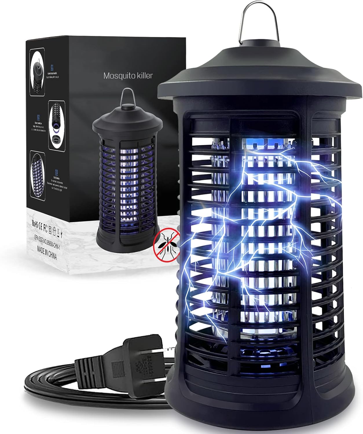 15W electric bug zapper with UV light glowing blue attracting and killing mosquitoes outdoors at night
