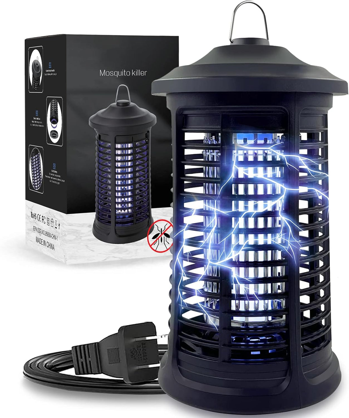 15W electric bug zapper with UV light glowing blue attracting and killing mosquitoes outdoors at night

