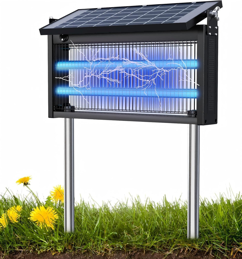 Solar rechargeable mosquito zapper glowing purple UV light on outdoor patio at night for insect control
