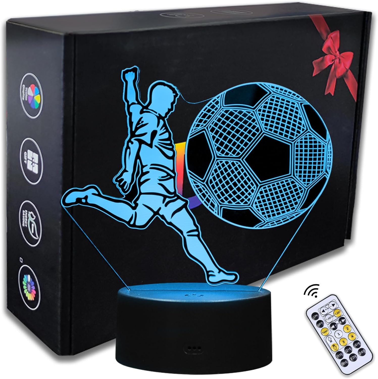 3D Soccer Night Light – Remote Control LED Lamp, 7 Colors, USB-C & Battery Powered