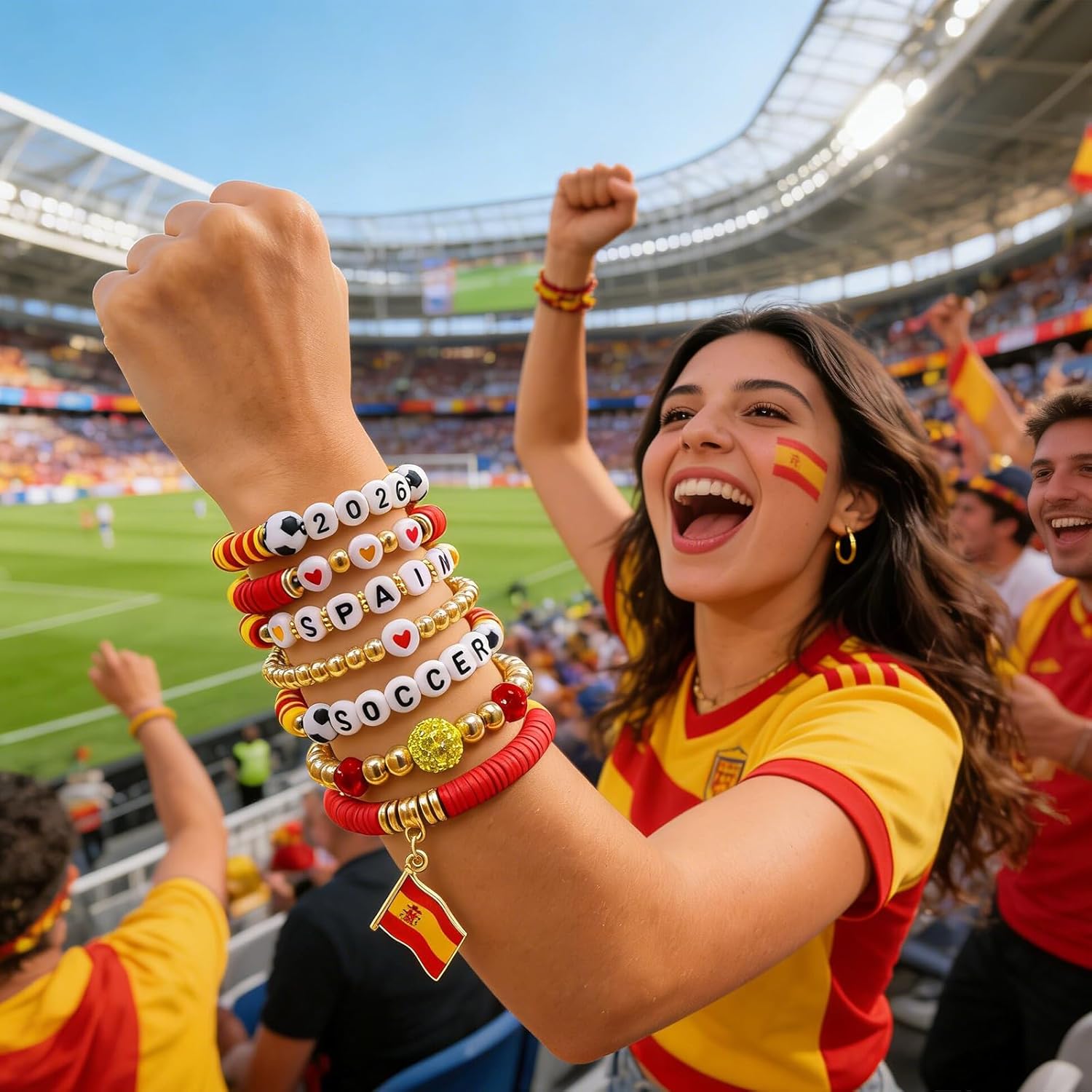 2026 Spain Soccer Bracelet Set – 8 Piece Stackable Beaded Bracelets with Football Charms, Spanish Flag Colors & Fan Accents | World Cup Spain Fan Gift