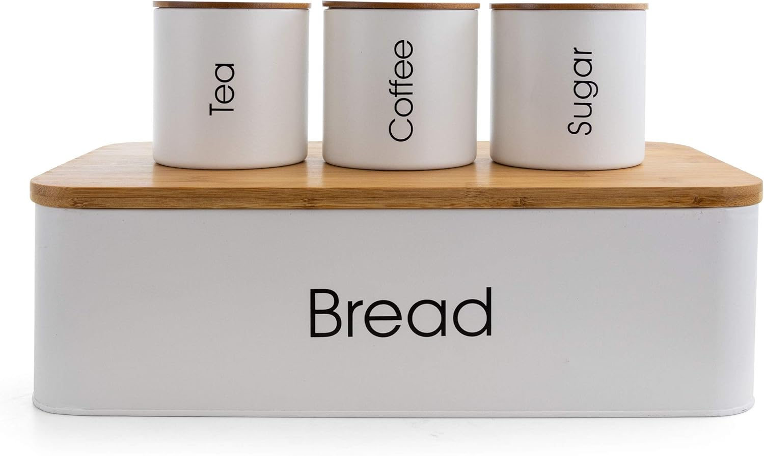 White MegaChef 4-piece kitchen canister set with airtight bamboo lids for coffee, tea, sugar and bread storage