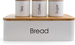White MegaChef 4-piece kitchen canister set with airtight bamboo lids for coffee, tea, sugar and bread storage