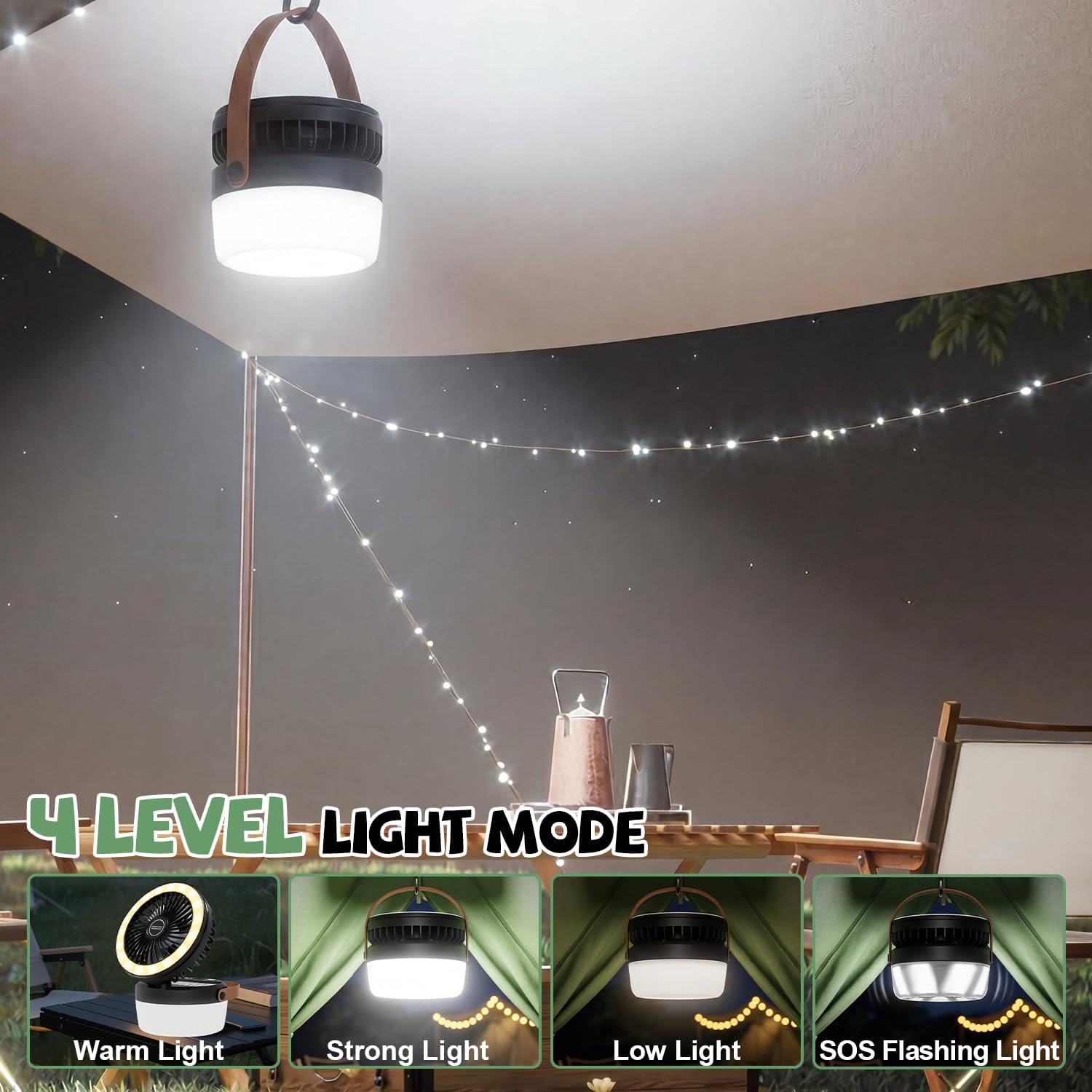 Solar Camping Fan with LED Light - Rechargeable Portable Fan & Power Bank for Tent, RV & Outdoor