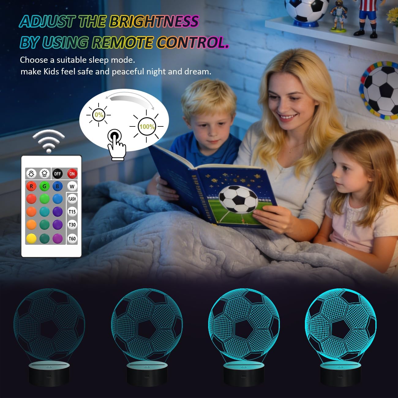 Soccer 3D LED Night Light – 16 Color Remote Control Football Lamp for Kids